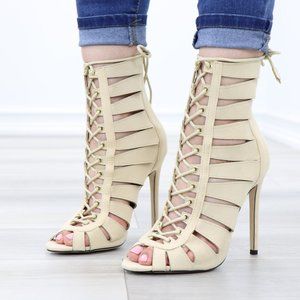 Women Velvet Nude Gladiator Stiletto High Heel Sandal